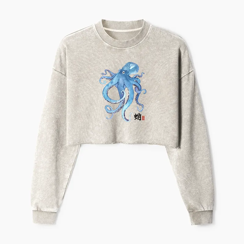 Tokyo-Tiger Watercolor Blue Octopus Washed Crop Sweatshirt