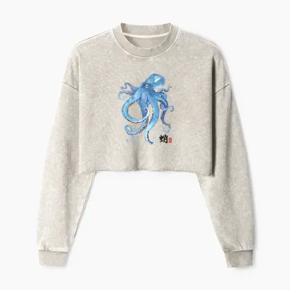 Tokyo-Tiger Watercolor Blue Octopus Washed Crop Sweatshirt