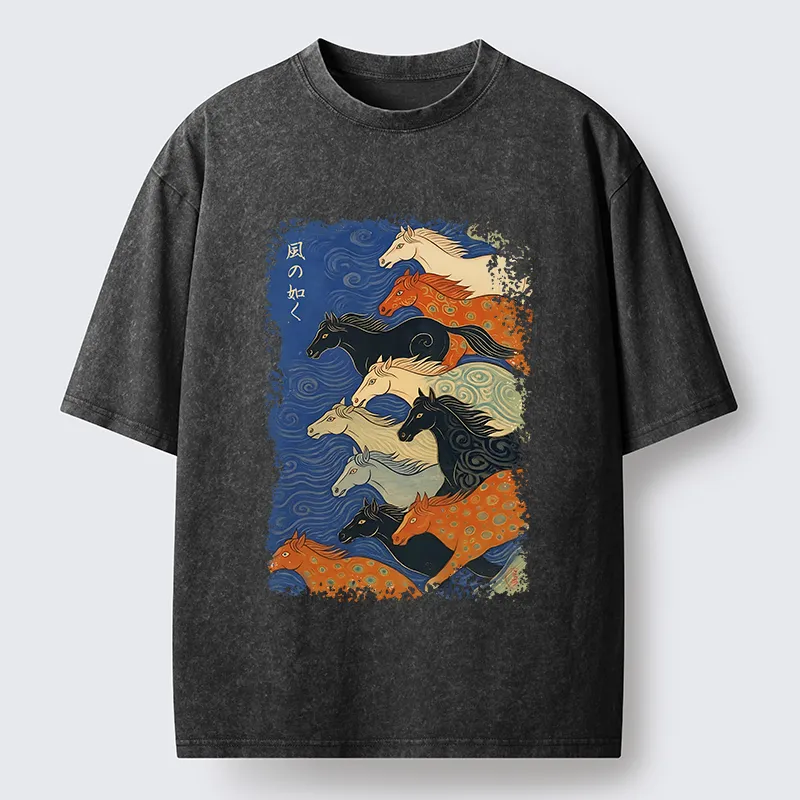Tokyo-Tiger Vintage Japanese Running Horses Art Washed T-Shirt