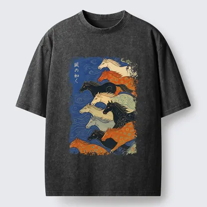 Tokyo-Tiger Vintage Japanese Running Horses Art Washed T-Shirt