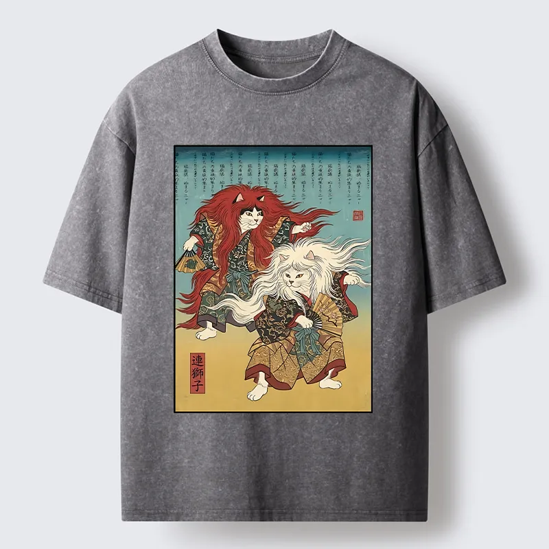Tokyo-Tiger Traditional Japanese Kabuki Style Cat Art Washed T-Shirt
