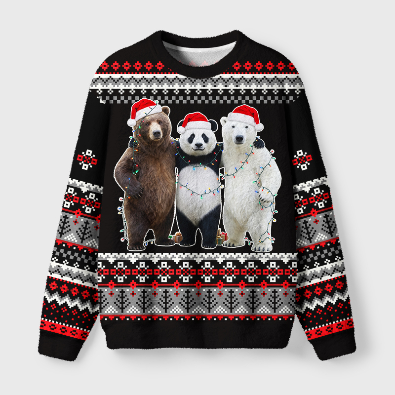 Tokyo-Tiger Three Bears Stand Together Black Fuzzy Christmas Ugly Sweatshirt