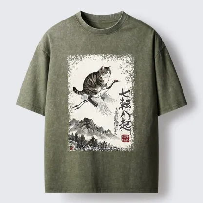 Tokyo-Tiger Funny Cat Riding Crane Art Washed T-Shirt