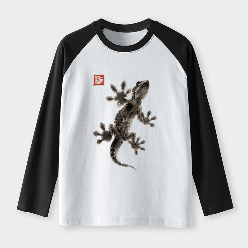 Tokyo-Tiger Minimal Asian Ink Brush Gecko Vibe Raglan Long Sleeve T-shirt