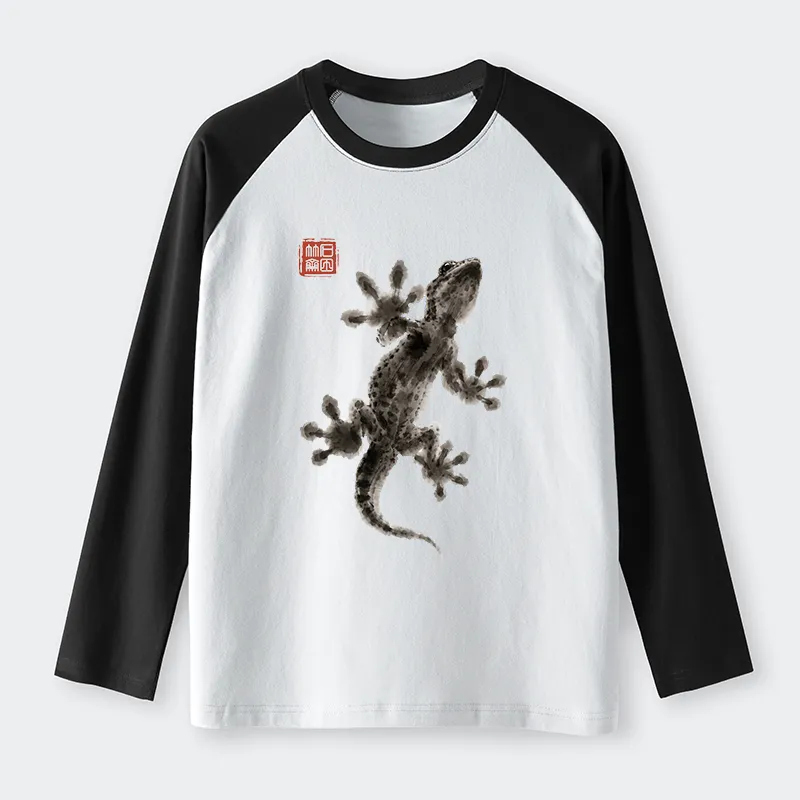 Tokyo-Tiger Minimal Asian Ink Brush Gecko Vibe Raglan Long Sleeve T-shirt