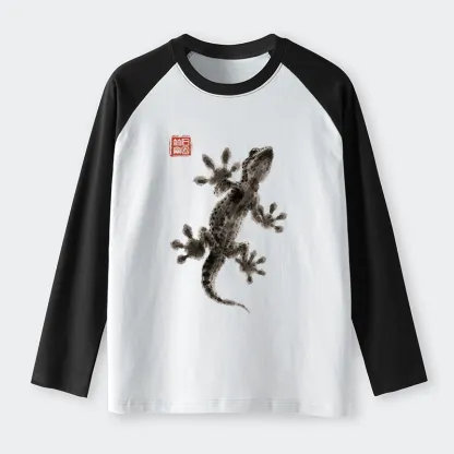 Tokyo-Tiger Minimal Asian Ink Brush Gecko Vibe Raglan Long Sleeve T-shirt