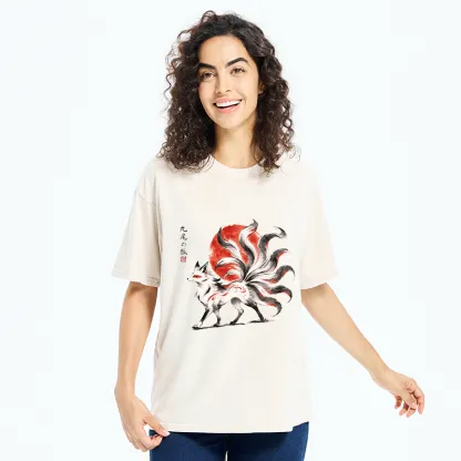Tokyo-Tiger Nine-Tailed Fox Ink Art Washed T-Shirt
