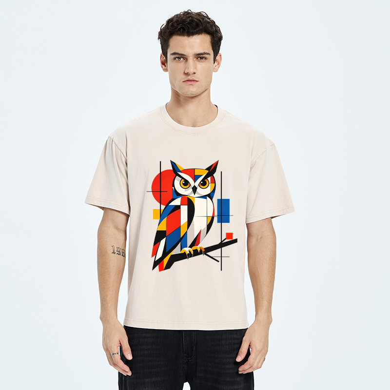 Tokyo-Tiger Geometric Owl Art Meme Washed T-Shirt
