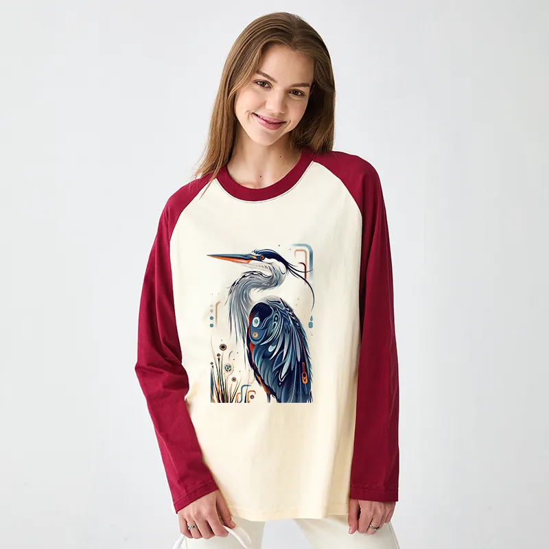 Tokyo-Tiger Stylish Blue Heron Raglan Long Sleeve T-shirt