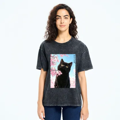 Tokyo-Tiger Japanese Sakura Black Cat Washed T-Shirt