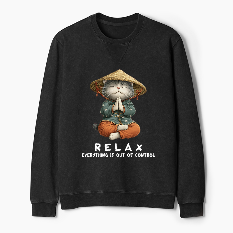 Tokyo-Tiger Zen Relax Cat Graphic Washed Terry Sweatshirt
