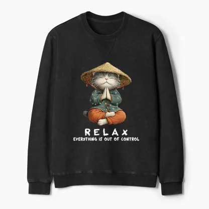 Tokyo-Tiger Zen Relax Cat Graphic Washed Terry Sweatshirt
