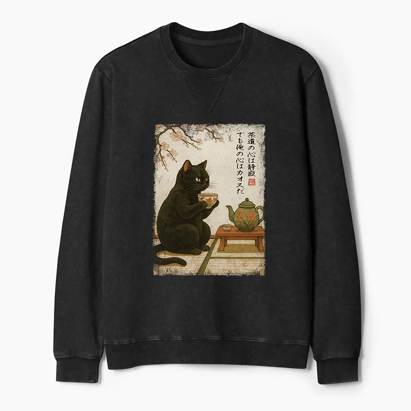 Tokyo-Tiger Tea Time With A Black Cat Washed Terry Sweatshirt