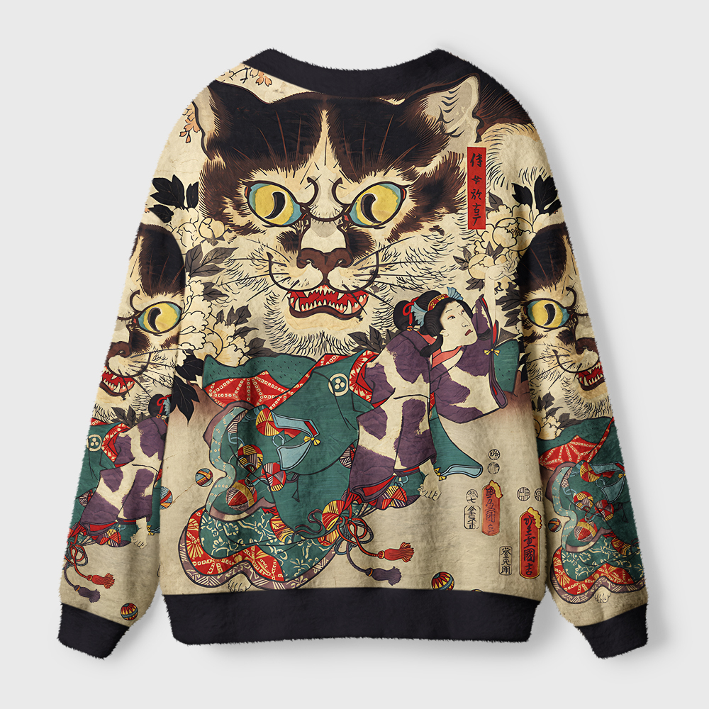 Tokyo-Tiger The Cat And The Geisha Ugly Cardigan Sweater