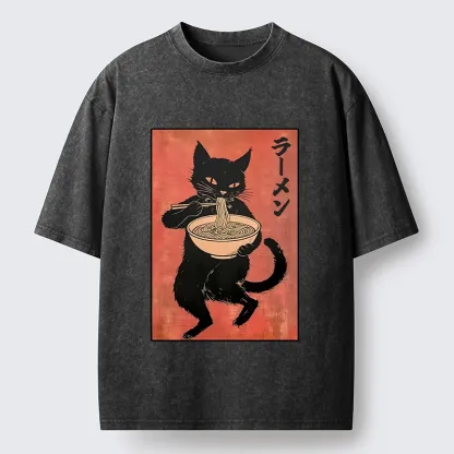 Tokyo‑Tiger Retro Cat Ramen Washed T‑Shirt