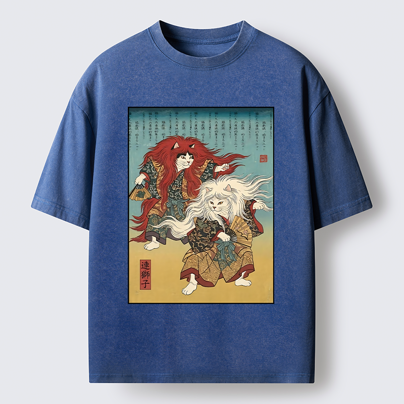 Tokyo-Tiger Traditional Japanese Kabuki Style Cat Art Washed T-Shirt