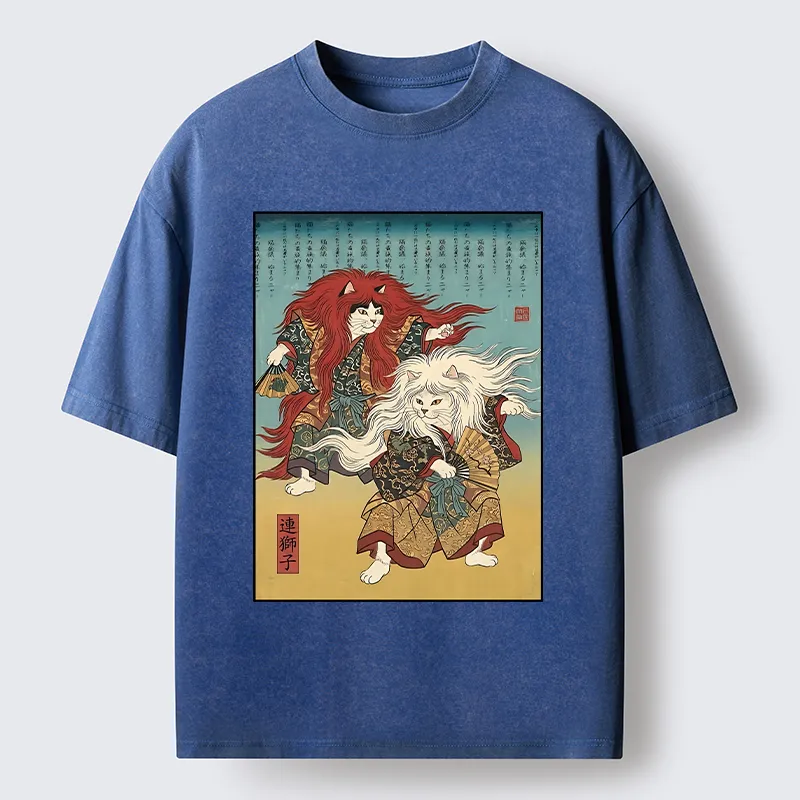 Tokyo-Tiger Traditional Japanese Kabuki Style Cat Art Washed T-Shirt