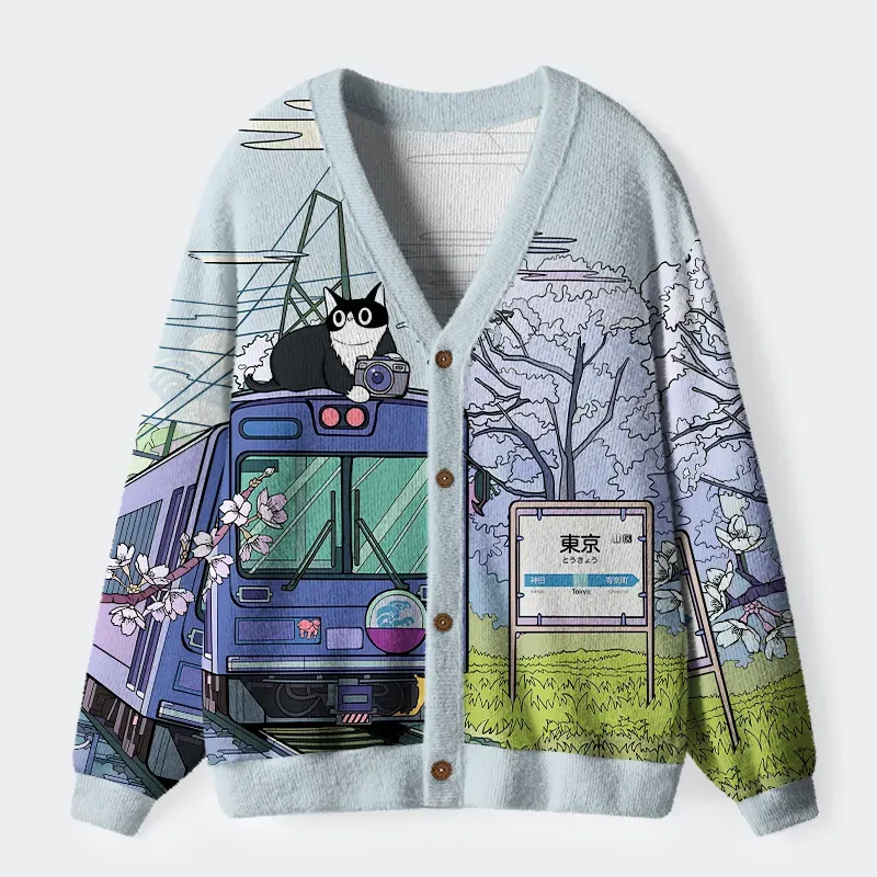 Tokyo-Tiger Black Cat On The Train Ugly Cardigan Sweater