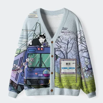 Tokyo-Tiger Black Cat On The Train Ugly Cardigan Sweater
