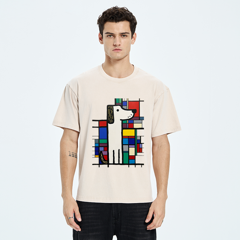 Tokyo-Tiger Geometric Cute Dog Art Washed T-Shirt