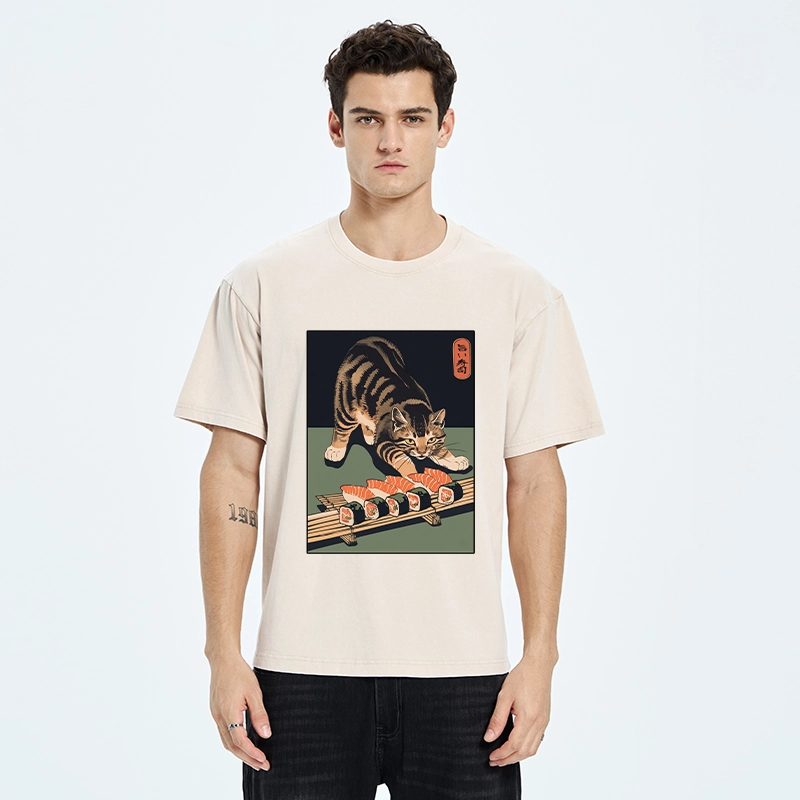 Tokyo-Tiger Cat Trying To Steal Sushi Washed T-Shirt