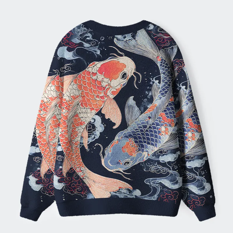 Tokyo-Tiger Two Koi Carps Ugly Cardigan Sweater