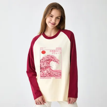 Tokyo-Tiger Sakura Wave Raglan Long Sleeve T-shirt