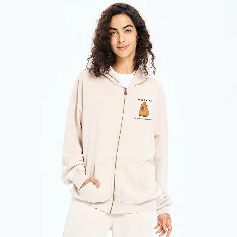 Tokyo-Tiger Slow Task Capybara Meme Washed Zip Hoodie