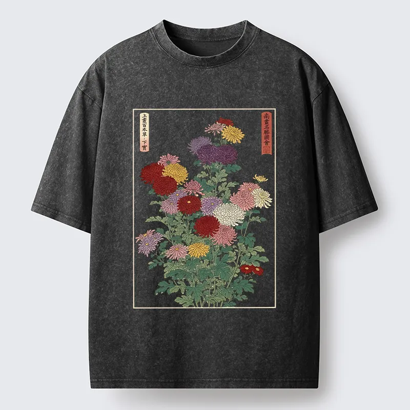 Tokyo-Tiger Traditional Bloom Print Washed T-Shirt