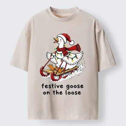 Tokyo-Tiger Funny Christmas Lights Goose Meme Washed T-Shirt