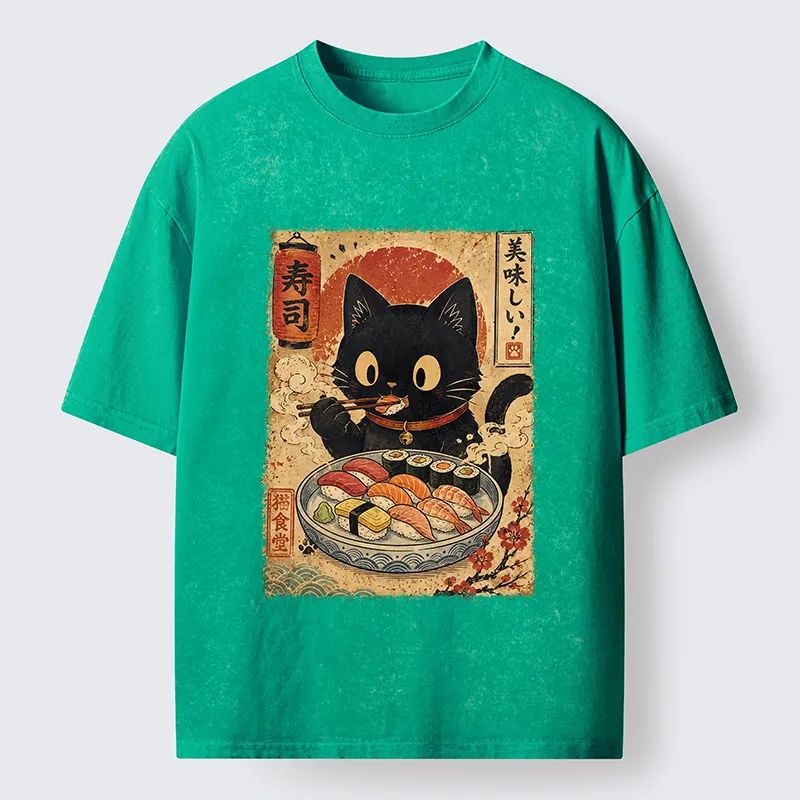 Tokyo‑Tiger Japanese Food Cat Washed T‑Shirt