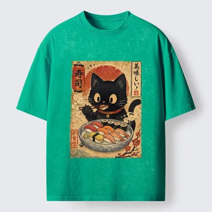 Tokyo‑Tiger Japanese Food Cat Washed T‑Shirt