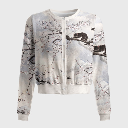 Tokyo-Tiger Oriental Ink Painting Sleeping Black Cat Women's Lightweight Cardigan
