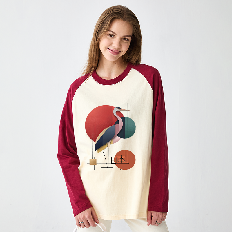 Tokyo-Tiger Geometric Crane Art Raglan Long Sleeve T-shirt