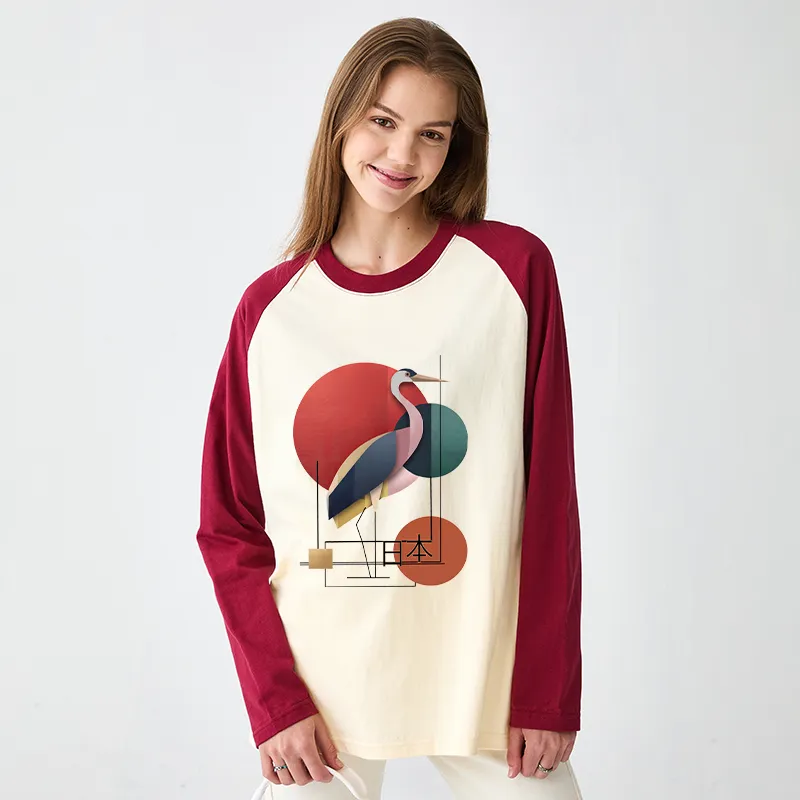 Tokyo-Tiger Geometric Crane Art Raglan Long Sleeve T-shirt