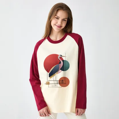 Tokyo-Tiger Geometric Crane Art Raglan Long Sleeve T-shirt