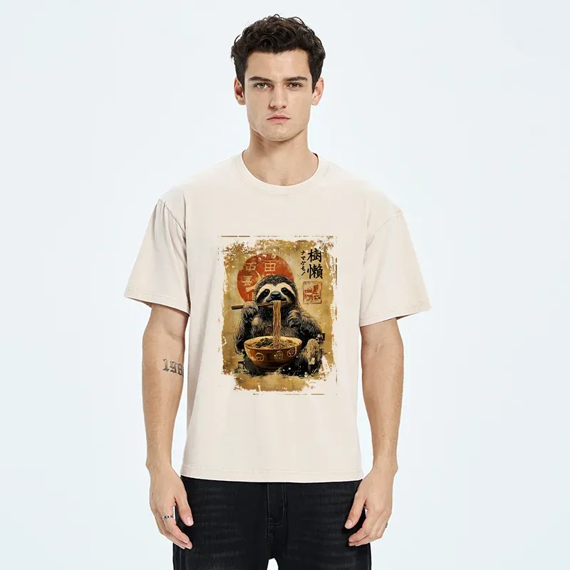 Tokyo-Tiger Sloth Eating Ramen Washed T-Shirt