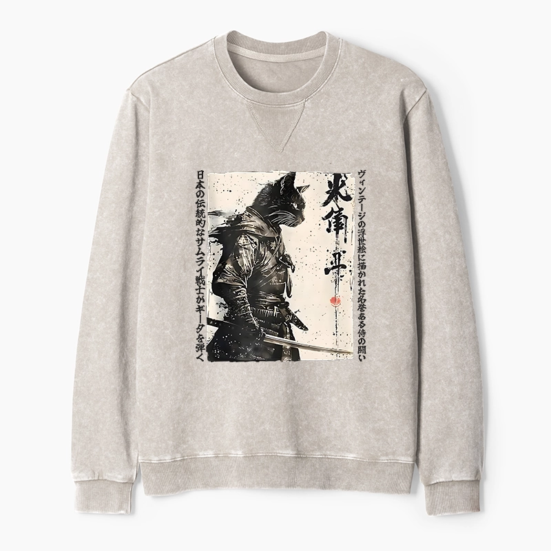 Tokyo-Tiger Cat Samurai Retro Washed Terry Sweatshirt