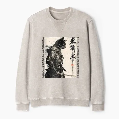 Tokyo-Tiger Cat Samurai Retro Washed Terry Sweatshirt