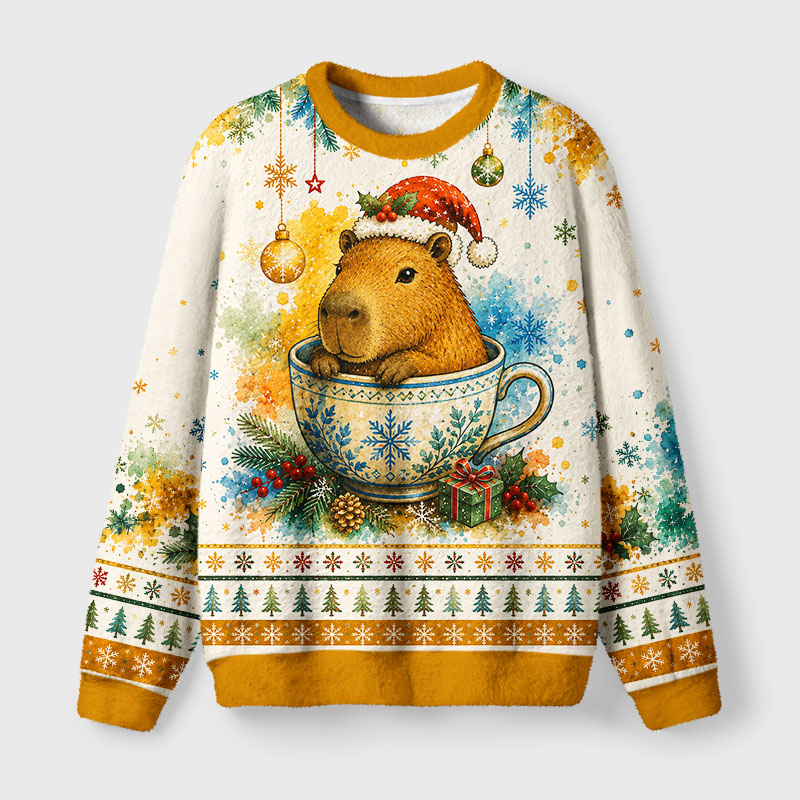 Tokyo-Tiger Funny Teacup Capybara Meme Fuzzy Christmas Ugly Sweatshirt
