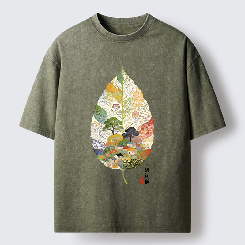 Tokyo-Tiger Autumn Leaf Village Scenery Art Washed T-Shirt
