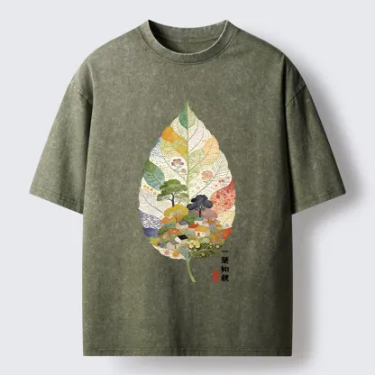 Tokyo-Tiger Autumn Leaf Village Scenery Art Washed T-Shirt
