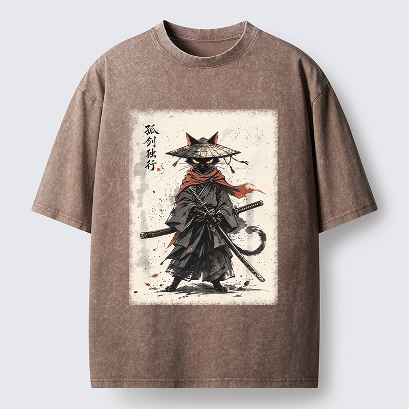 Tokyo-Tiger Lone Samurai Cat Ink Art Washed T-Shirt