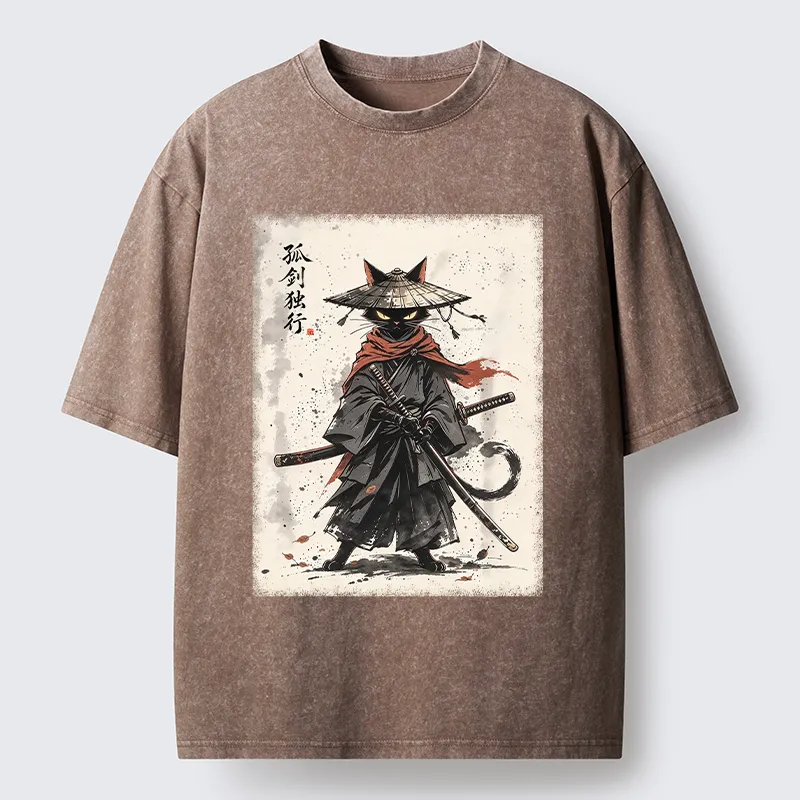 Tokyo-Tiger Lone Samurai Cat Ink Art Washed T-Shirt