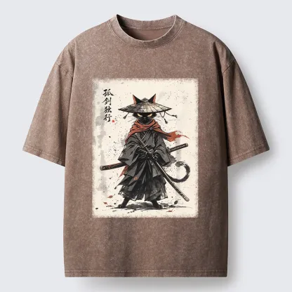 Tokyo-Tiger Lone Samurai Cat Ink Art Washed T-Shirt