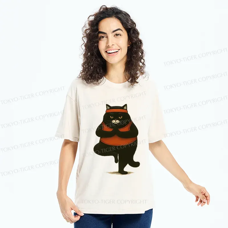 Tokyo-Tiger Black Cat Doing Yoga Washed T-Shirt