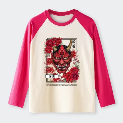 Tokyo-Tiger Cool Oni Floral Art Raglan Long Sleeve T-shirt