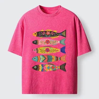 Tokyo-Tiger Colorful Patterned Fish Washed T-Shirt