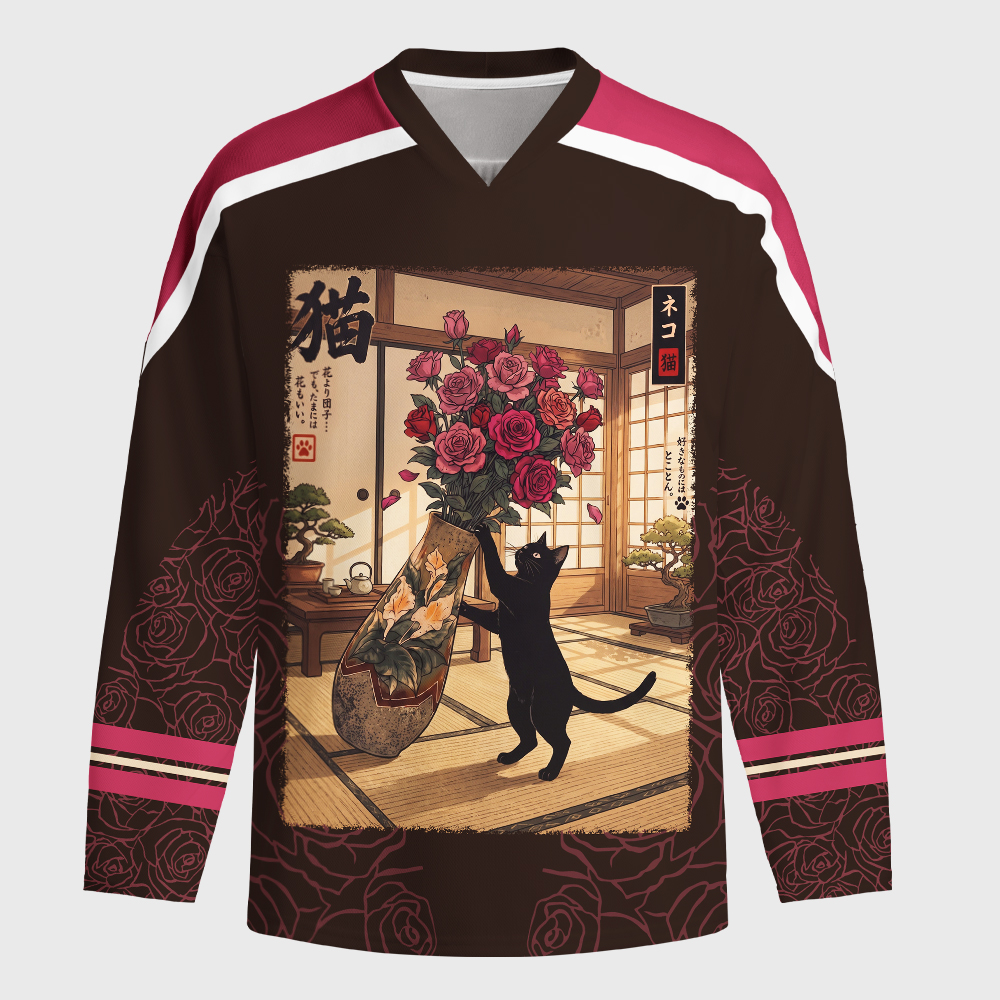 Tokyo-Tiger Ukiyo-e Black Cat Rose Long-Sleeve Hockey Jersey