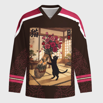 Tokyo-Tiger Ukiyo-e Black Cat Rose Long-Sleeve Hockey Jersey